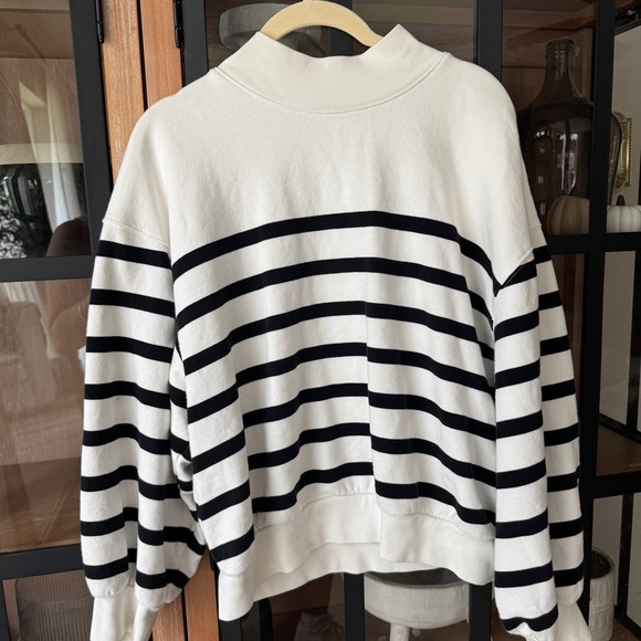 FRAME mock neck sweater balloon sleeve sweatshirt striped ribbed french terry - Picture 2 of 13